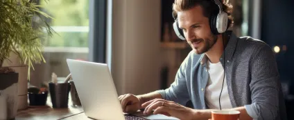 De fone de ouvido, homem ouve música enquanto faz home office conectado com internet Oi Fibra