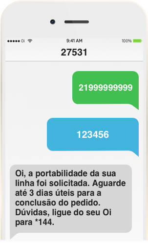 Tela de celular do novo Chip da Oi recebendo um SMS confirmando que a portabilidade Oi foi solicitada