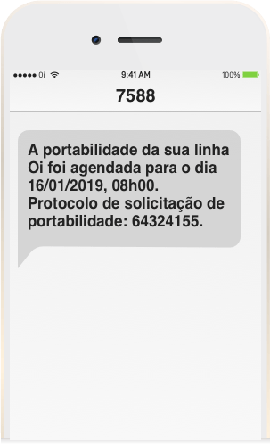 Tela de celular do novo Chip da Oi recebendo um SMS confirmando a data e hora que a sua portabilidade Oi será realizada